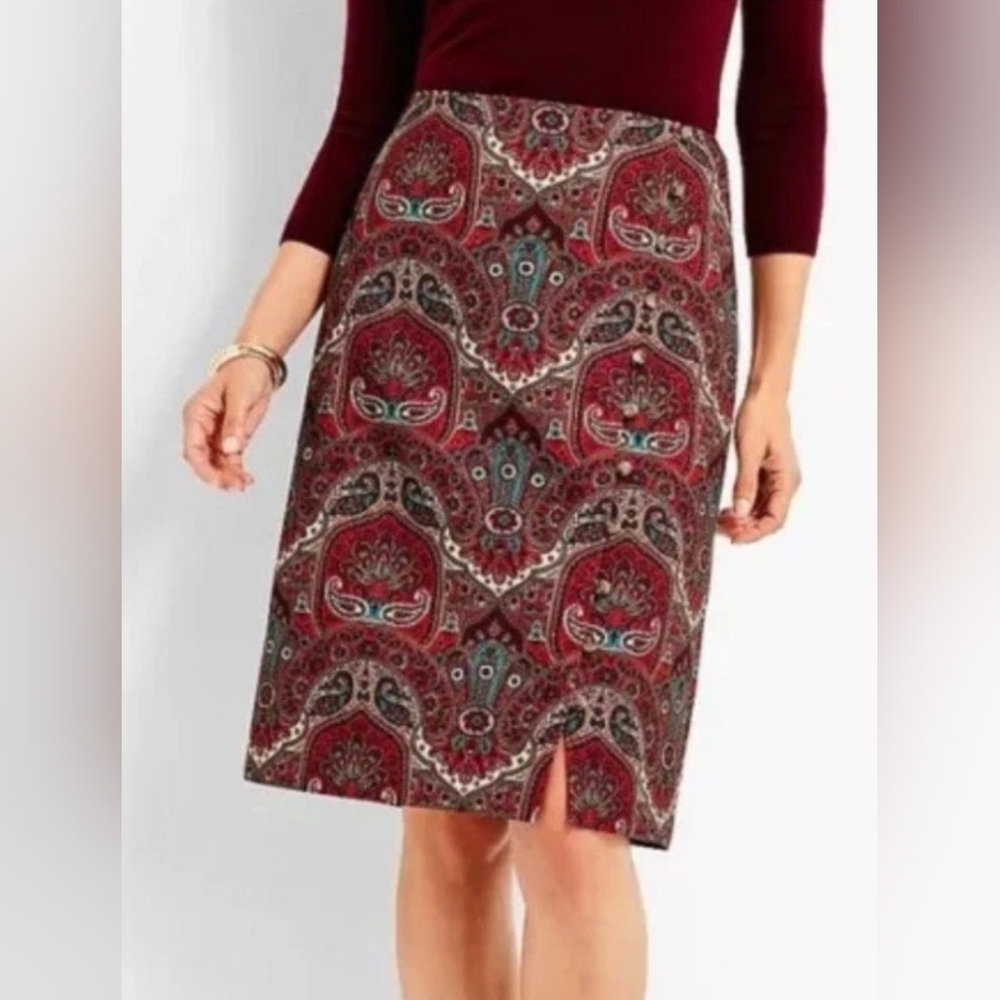 *final price* Talbots paisley skirt reds tans buttons down front side zip sz 10P